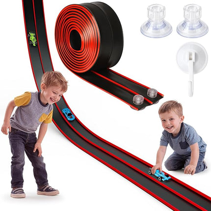 Flex Track 15 Ft Portable Flexible Race Car Track with Strong Suction Cups – Compatible with Hot Wheels & 1/64 Diecast Cars–Easy Storage, Indoor & Outdoor Play Flexible Car Tracks for Kids（Red-Black）