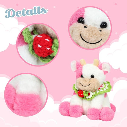 Hopearl Adorable Plush Cow Toy with Knitted Cute Strawberry Bib Floppy Dairy Cattle Soft Stuffed Animal Gifts for Boys Girls Kids Toddlers, Pink, 9''