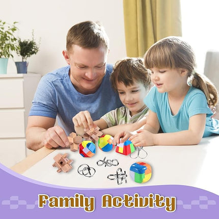 Brain Teaser Puzzles for Adults and Kids, 18Pcs Puzzle Games Set, 3D Wooden Plastic Metal Puzzle, Unlock Interlock Mind Brain Games, IQ Test Educational Toy