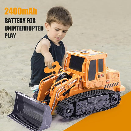 Remote Control Front Loader - Metal Shovel, LED Working Lights, Music & 2 Rechargeable Batteries, Construction Toys for Boys Age 4 5 6 7 8 Birthday Gift