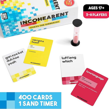 WHAT DO YOU MEME? Incohearent, The Guess The Gibberish Party Game by Relatable, A Funny Card Game for Adults, Great for Game Night Games, Includes 400 Cards, Instructions, and 1 Sand Timer