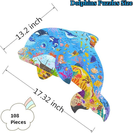 Puzzles for Kids Ages 4-8, 8-10 and Adults 108 Piece Dolphins Animal Shaped Kids Puzzles Jigsaw Puzzles Educational Learning Toys for Kid Boys Girls Ages 4 6 7 8 Halloween