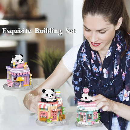 Street View Cake Shop Mini Building Blocks,1013 Pieces Cute Panda Animal Micro Building Sets,Simulation Architecture Construction Toy,Creative Gifts for Adults Teens