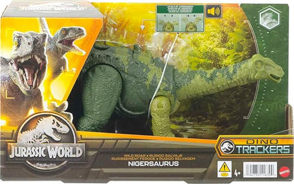 Mattel Jurassic World Wild Roar Dinosaur Toy with Sound & Attack Move, Nigersaurus Posable Action Figure Includes Digital Play, 11 inches Long