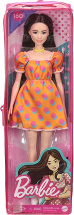 Barbie Fashionistas Doll #160 with Long Brunette Hair Wearing Patterned Orange Dress, White Shoes & Yellow Choker, Toy for Kids 3 to 8 Years Old