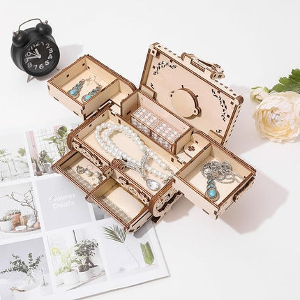 3D Wooden Puzzle for Adults Jewelry Box, DIY Mechanical Treasure Case, Decorative Jewelry Storage Kit, Vintage Laser Cut Model Craft, for Christmas, Birthday