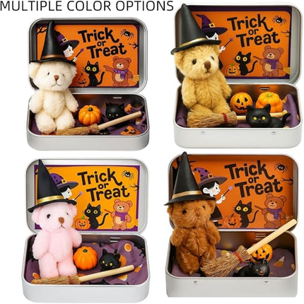 Halloween Bear in a Box for Trick or Treat, Miniature Witcher, Halloween Animal Pocket Hug Surprise Box, Cute Bear in Box with Pumpkin and cat Decorations (Light Brown)