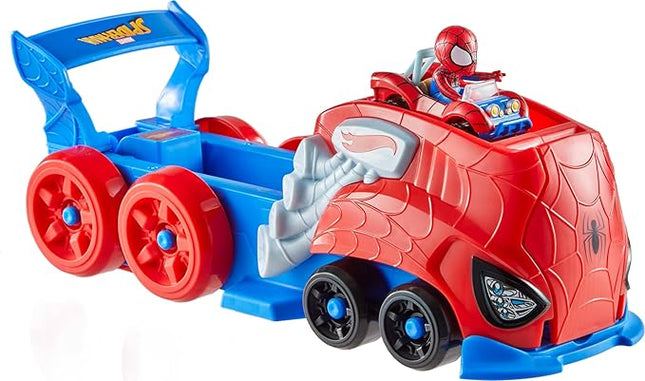 Hot Wheels Toy Car Track Set, Spider-Man Large-Scale Launcher and Hauler with Die-Cast RacerVerse Vehicle