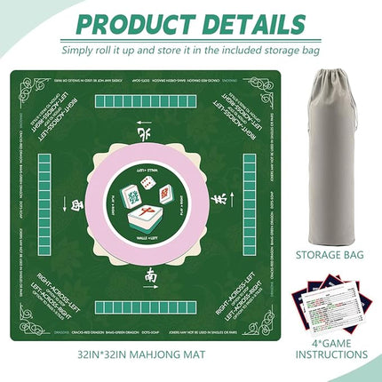 Mahjong Mat, Non-Slip Noise Reduction Mahjong Mat for Mahjong Table, Game Mat Suitable for Mahjong, Card Games, Board Games, 32 in * 32 in Game Mat, Can Be Stored in Our Storage Bag (Green)
