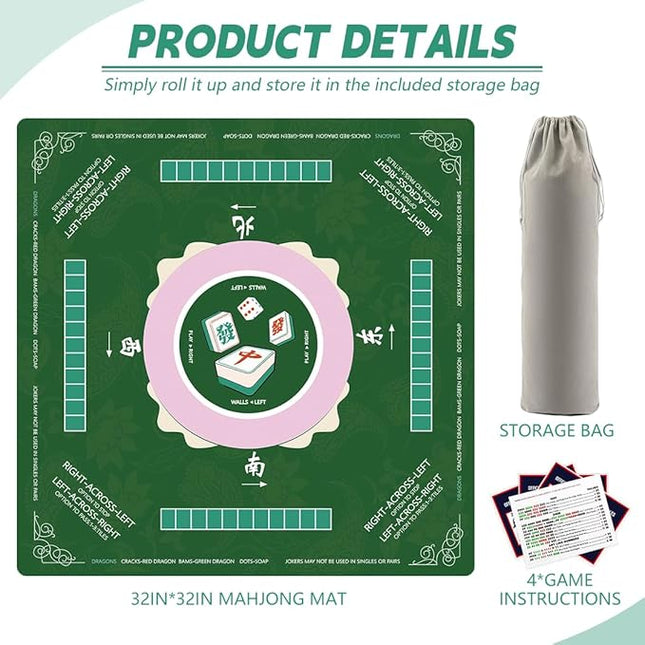 Mahjong Mat, Non-Slip Noise Reduction Mahjong Mat for Mahjong Table, Game Mat Suitable for Mahjong, Card Games, Board Games, 32 in * 32 in Game Mat, Can Be Stored in Our Storage Bag (Green)