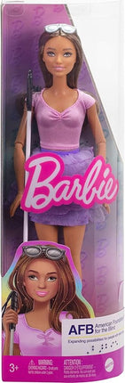 Barbie Fashionistas Doll #228, Blind Doll Wearing Pink Top and Ruffled Skirt with Cane and Sunglasses in Partnership with The American Foundation for The Blind