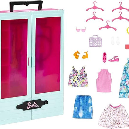 Barbie Closet Playset and Doll - Bundle with Closet, 3 Outfits, 2 Pairs of Shoes, 2 Purses, Necklaces, Beach Doll, Stickers, More | Barbie Dress Up Accessories Set for Girls