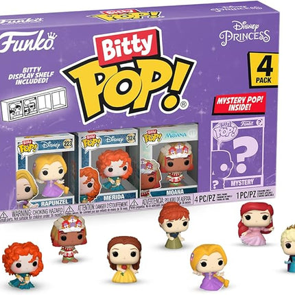 Funko Bitty Pop Disney Princesses - Rapunzel, Merida, Moana and A Surprise Mystery Mini Figure - 0.9 Inch (2.2 Cm) Collectable - Stackable Display Shelf Included - Cake Topper - Gift Idea