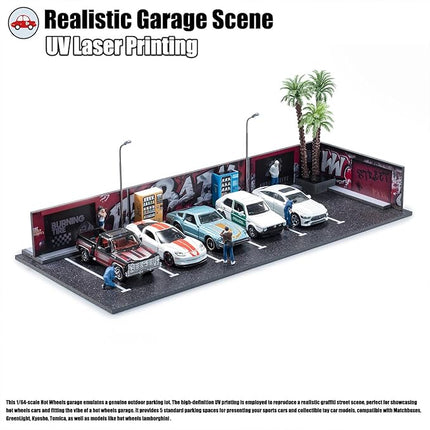 1/64 Diorama Garage, Garage and Display Case for Model Car, Scenic Diorama Display Car Park with 2 LED Street Lamps and 5 Outdoor Parking Spaces (American-Style Garage)