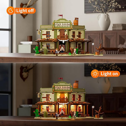 FUNWHOLE Western-Saloon Lighting Building-Bricks Set - The Old West Saloon LED Light Construction Building Model Set 2026 Pcs for Adults and Teen