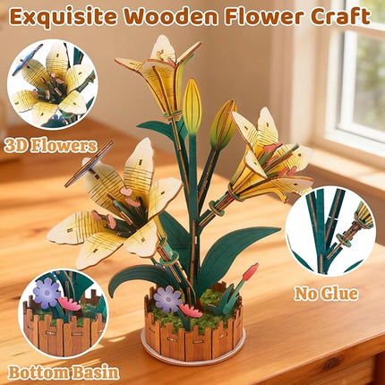 3D Wooden Flower Puzzles for Adults Lily, DIY Artificial Flower Building Set Wooden Bloom Craft Kits Home Decoration, for Women Mom Birthday Thanksgiving Christmas Valentine's Day