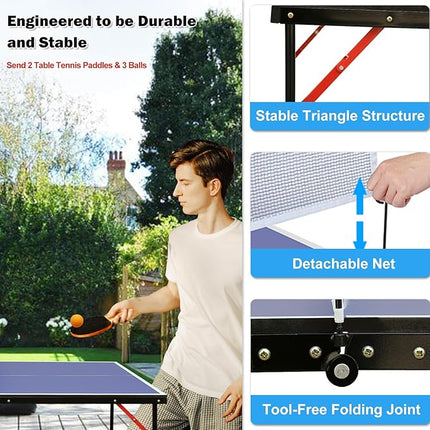 Table Tennis Table Mid-Size, Foldable Ping Pong Table Top Full Size with 2 Paddles, 2 Balls, 1 Net & 4 Wheels, Folding Table Tennis for Indoor & Outdoor, Quick Assembly to Support Multiplayer