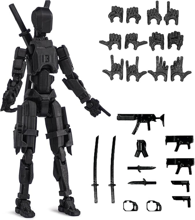 Pre-Assembly 3D Printed 5.54'' Dummy13 Action Figure, Multi-Jointed Tian13, Articulated T13 Desktop Decoration,12 in 1 Accessories, Best Birthday Festival Gift (Black+Black)