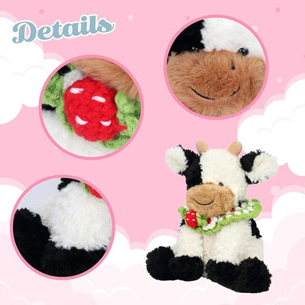 Hopearl Adorable Plush Cow Toy with Knitted Cute Strawberry Bib Floppy Dairy Cattle Soft Stuffed Animal Gifts for Boys Girls Kids Toddlers, 9''