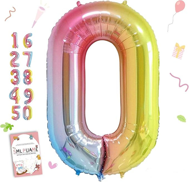 Smlpuame 40 Inch Number Balloons 0-9 Rainbow Gradient Large Number 0 Balloons, Digital Balloons for Birthday Party Celebration Decorations, Helium Foil Number Balloons for Wedding Anniversary