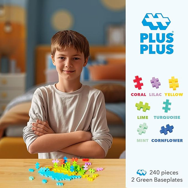 PLUS PLUS 240 Piece Interlocking Building Blocks for Kids, Open Ended Connecting Toys, STEM Bin Mini Manipulatives - Tropical Mix Play Tube & Baseplate