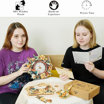 3D Wooden Puzzles for Adults Hummingbird Clock - Wall ‌‌Clock Puzzle Xmas Room Model Building Kit Creative Art Craft Gift Home Decor for DIY Enthusiasts, Brain Teaser Building Set Birthday Gifts