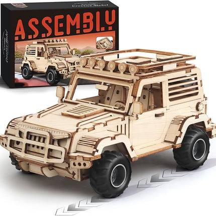 3D Wooden Puzzle Off-Road Car for Adults, Brain Teaser 3D Puzzles for Kids and Adults to Build, 125pcs Wood Craft Pull Back Truck Cars, Christmas Birthday Gift for Teens Men Women