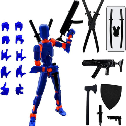 (Assembly Completed) 3D Printed Figure 5.54-inch Dummy13 with Weapon Expansion Set, Full Body Mechanical Movable Toy, Desk Decoration. (Dark Blue)