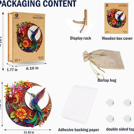 Unique Wooden Puzzles for Adults, Hummingbird Puzzle 200 Pieces 11.42" x 11.42", Animal Shaped Wood Puzzles Adult Brain Teasers, Wooden Jigsaw Puzzles, Family Games for Kids and Adults