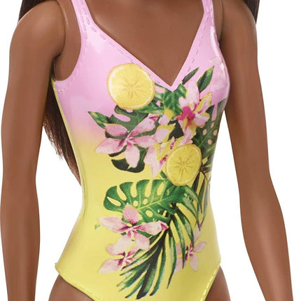 Barbie Fasshion Doll, Beach-Themed Brunette Wearing Pink & Yellow Floral Swimsuit