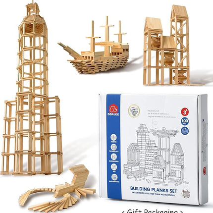 ICEKO KN 100pcs Classic Wooden Building Blocks Set,Solid STEM Building Toys for Kids, Preschool Learning Montessori Toys for Toddlers, Boys & Girls Birthday Gift (Log Color)