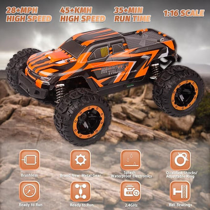 1:16 4X4 RTR Brushless Fast RC Cars for Adults, Max 42mph Hobby Electric Off-Road Racing Buggy, 4WD Offroad Remote Control Car with 2 Li-Po Batteries, Monster RC Truck for Boys