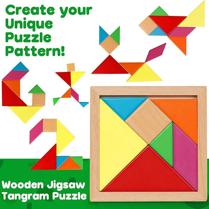 Skrtuan 5 Pack Wooden Puzzles Set - STEM Montessori Educational Board Games and Logic Traning Brain Teaser Geometric Shapes Tangram Puzzle Games for Kids Ages 3+