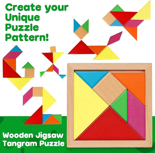 Skrtuan 5 Pack Wooden Puzzles Set - STEM Montessori Educational Board Games and Logic Traning Brain Teaser Geometric Shapes Tangram Puzzle Games for Kids Ages 3+