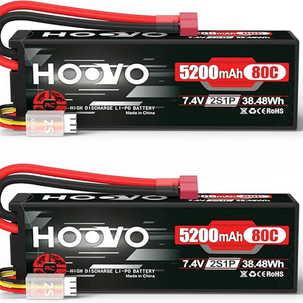 HOOVO 2S 7.4V 5200mAh 80C RC LiPo Battery Hard Case with T Connector for RC Buggy Vehicles Car Boat Truck (2 Pack)