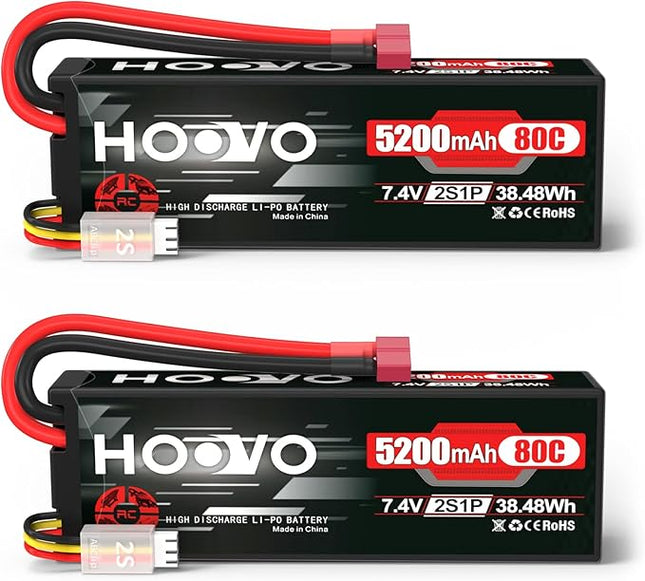 HOOVO 2S 7.4V 5200mAh 80C RC LiPo Battery Hard Case with T Connector for RC Buggy Vehicles Car Boat Truck (2 Pack)