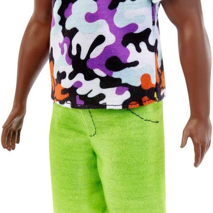 Barbie Fashionistas Ken Doll #123, Broad with Black Curly Hair Wearing Multi-Colored Camo Print Shirt, Neon Green Shorts & Silvery Sneakers