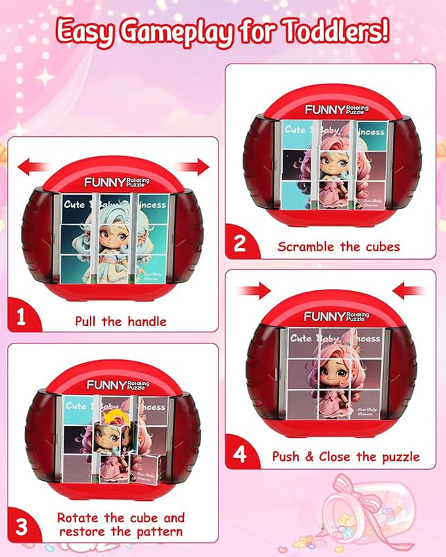 Rotating 3D Puzzle for Kids 3 4 5 6 7 Year Old, 4 Puzzles in 1, Handheld Game Fidget Toys for Travel, Cars & Plane, Fine Motor Skills Developing (Cute Little Princess)