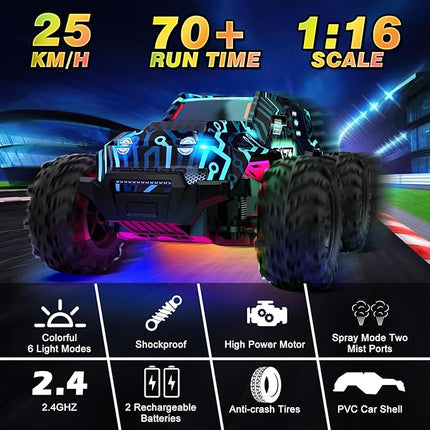 Remote-Control-Car, 2.4GHz High Speed Rc Cars Truck, Offroad Monster Hobby Racing Car with LED Cool Bodylight and Rechargeable Battery, Toy Gifts 3 4 5 6 7 8 Year Old Boys Girls Kids
