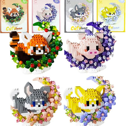 4 Pack Micro Building Block Sets, Cute Animals Micro Set with Flower and Moon, Building Blocks for Adults, Ideal for Collection and Desktop Decoration (Red Panda, Pig, Dog, Cat)
