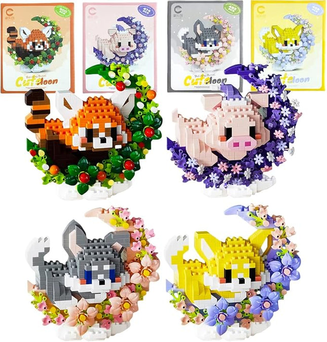 4 Pack Micro Building Block Sets, Cute Animals Micro Set with Flower and Moon, Building Blocks for Adults, Ideal for Collection and Desktop Decoration (Red Panda, Pig, Dog, Cat)