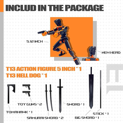 (Assembly Completed) T13 Action Figure Set, 3D Printed Toys Robo 13 Action Figures,Dummy 13 Titan 13 Action Figure (Black + Orange)