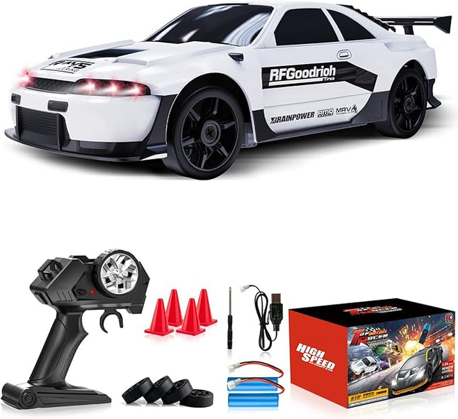 Remote Control Car RC Drift Car 2.4GHz 1:24 4WD 15KM/H High Speed Racing Sport Car with LED Lights Drifting Tire Racing Sport Toy for Adults Boys Girls Kids Gift 2Pcs Rechargeable Batteries