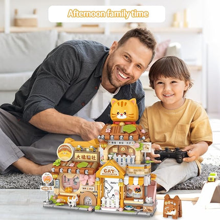 Cute Cat Mini Building Blocks Set, 917PCS MOC Mini Architecture Building Kits with Grooming Store Street View Design - STEM Educational Construction Gift for Girls Boys Kids Adults