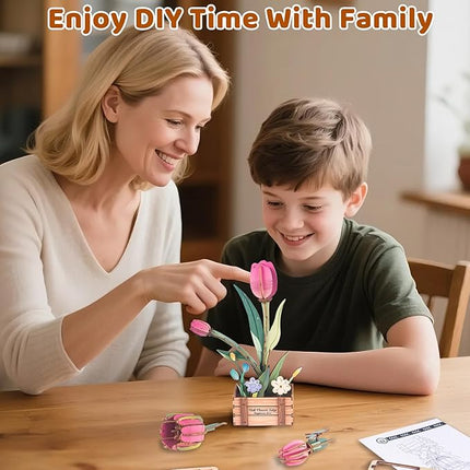 3D Wooden Flower Puzzles for Adults Pink Tulip, DIY Artificial Flower Building Set Wooden Bloom Craft Kits Home Decoration, for Women Mom Birthday Thanksgiving Christmas Valentine's Day
