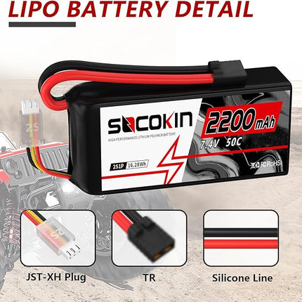 2S Lipo Battery 7.4V 50C 2200mAh Batteries with TR Connector Plug Soft Case Shorty Battery for RC Car Truck Boat Truggy FPV Drone Quadcopter UAV Airplane Helicopter (2 Pack)