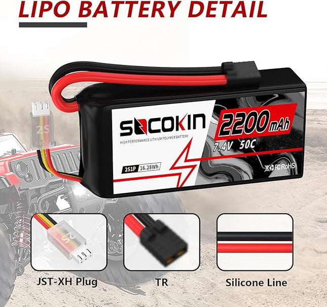 2S Lipo Battery 7.4V 50C 2200mAh Batteries with TR Connector Plug Soft Case Shorty Battery for RC Car Truck Boat Truggy FPV Drone Quadcopter UAV Airplane Helicopter (2 Pack)