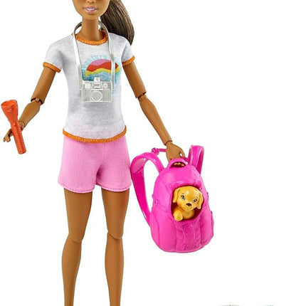 Barbie Self-Care Doll, Brunette Posable Hiking Doll with Puppy & Accessories Including Backpack Pet Carrier & Camera