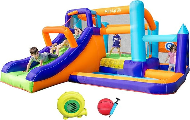 AirMyFun Bounce House Inflatable Bouncer with Long Curved Slide for Kids with Blower, Family Backyard Bouncy Castle with Fun Doorway Tunnel, Climbing Wall and Ball Shooting (High End)