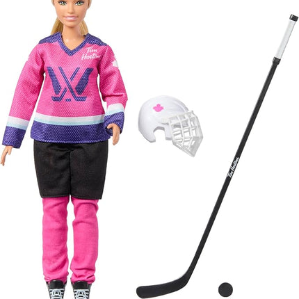 Tim Hortons' Barbie Doll PWHL 2025 Fashion Doll in Pink, Purple, & Teal Hockey Jersey, Includes Hockey Stick, Puck, and Helmet